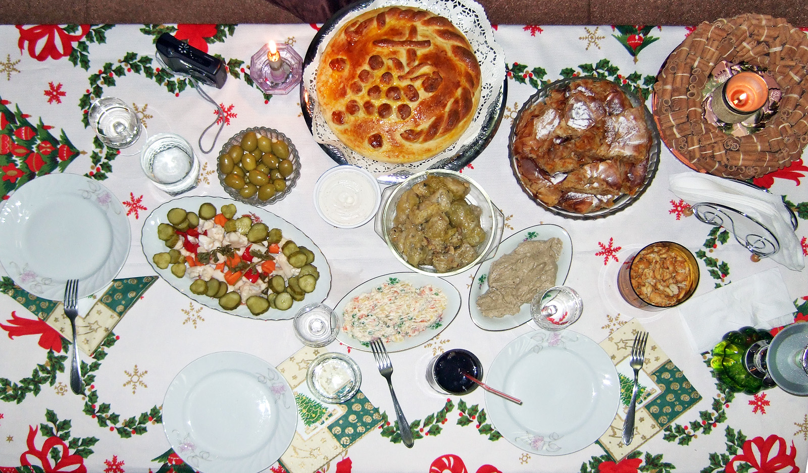 Bulgarian Christmas Eve dinner spread with pum...